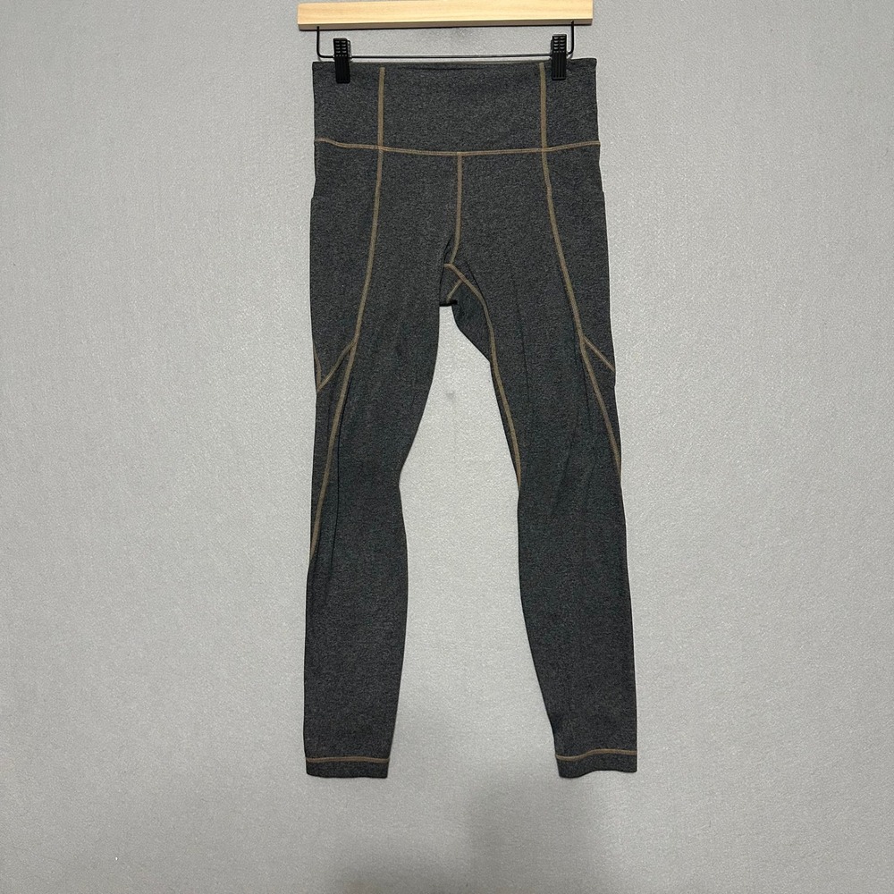 Athleta Womens High Rise Pocket Leggings Grey Heather Tan Stitching‎ Size S